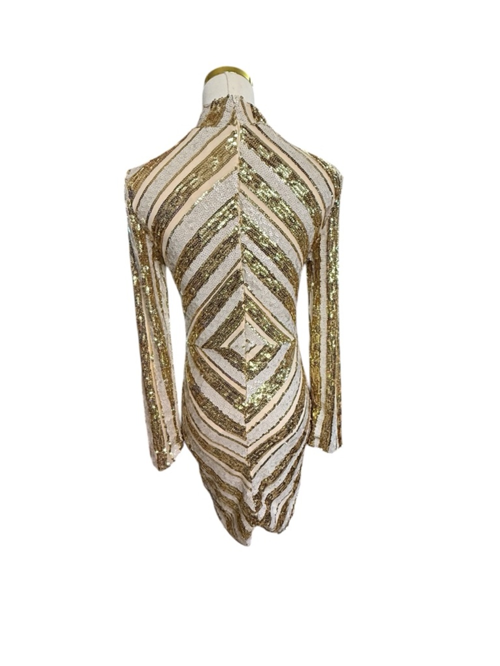 CBR Gold Cream & White Chevron Sequin Mini Bodycon Dress Size S (Size 2-4) - Picture 5 of 8